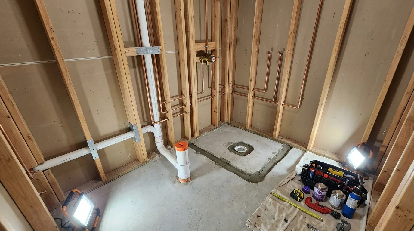 Bathroom rough-in plumbing during remodel by Johns Plumbing LLC in Chittenango